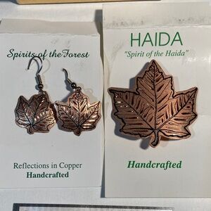 Copper Reflections Maple Leaf Earrings and Brooch NWOT Handcrafted in Canada